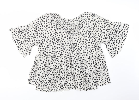 SheIn Womens White Animal Print Polyester Basic Blouse Size L Crew Neck