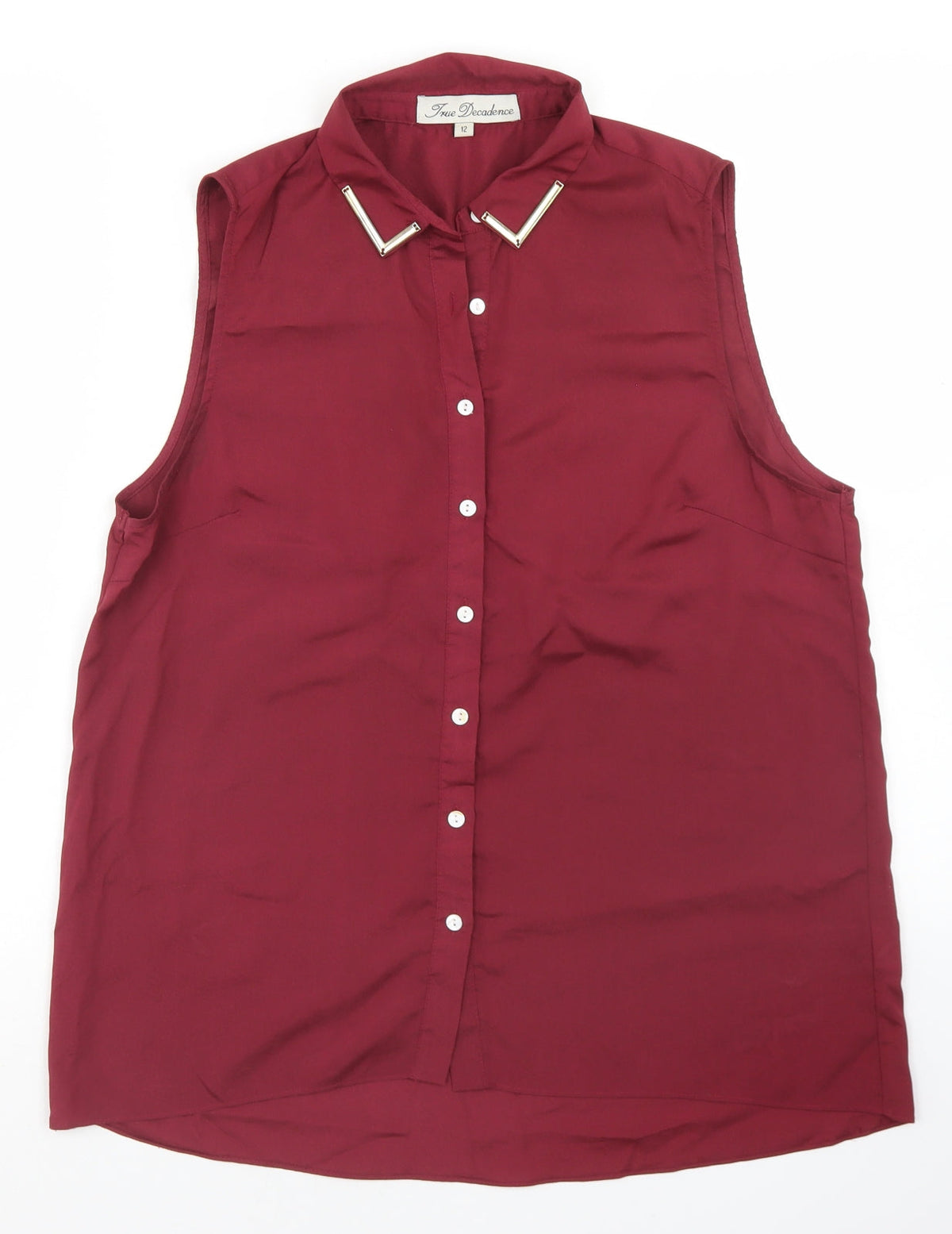 Front view of True Decadence women’s purple polyester basic button-up, size UK 12, collared