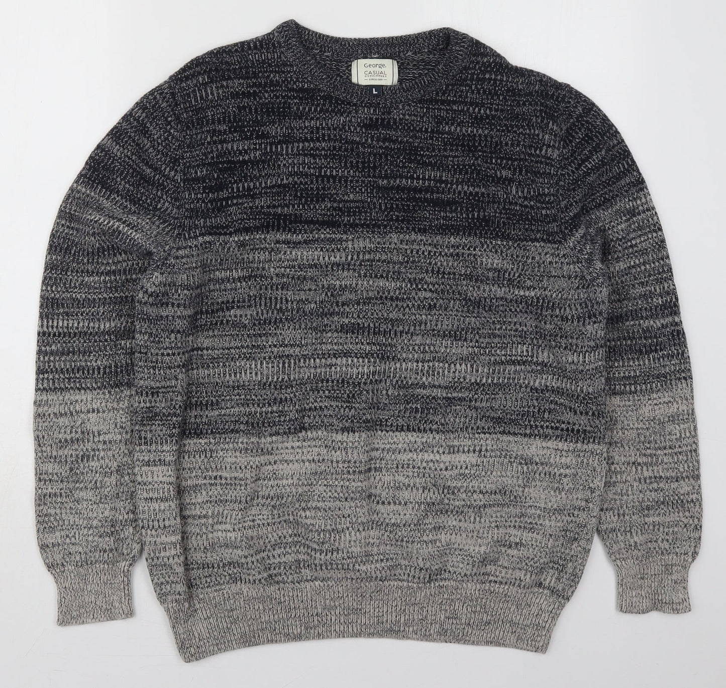 George Mens Grey Crew Neck Striped Cotton Pullover Jumper Size L