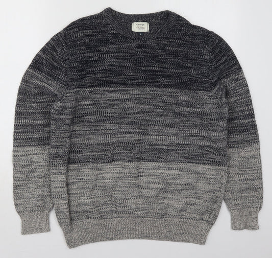 George Mens Grey Crew Neck Striped Cotton Pullover Jumper Size L