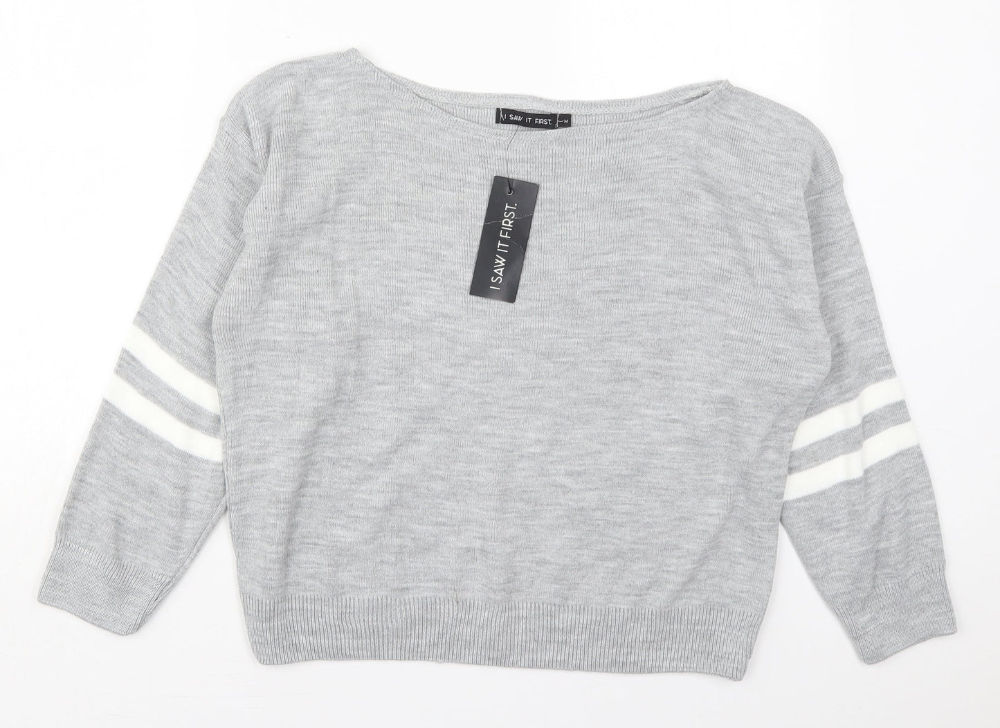 I SAW IT FIRST Womens Grey Boat Neck Striped Acrylic Pullover Jumper Size M