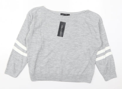 I SAW IT FIRST Womens Grey Boat Neck Striped Acrylic Pullover Jumper Size M