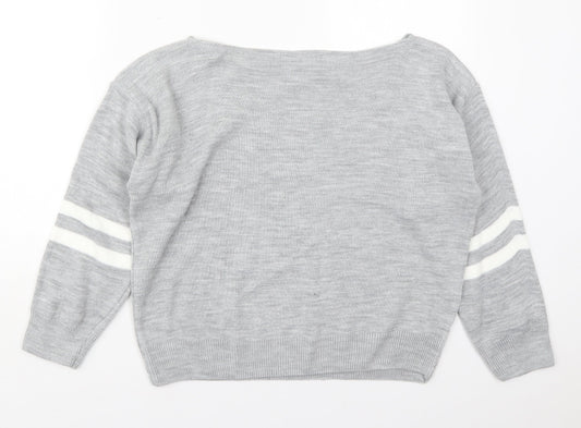 I SAW IT FIRST Womens Grey Boat Neck Striped Acrylic Pullover Jumper Size M