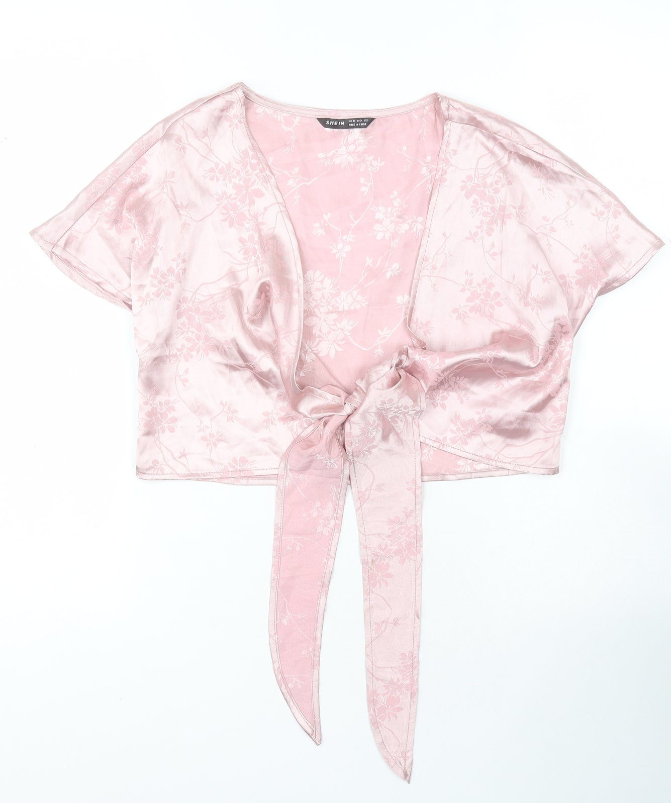 SheIn Womens Pink Floral Polyester Basic Blouse Size XS V-Neck