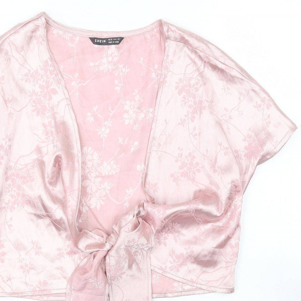 SheIn Womens Pink Floral Polyester Basic Blouse Size XS V-Neck
