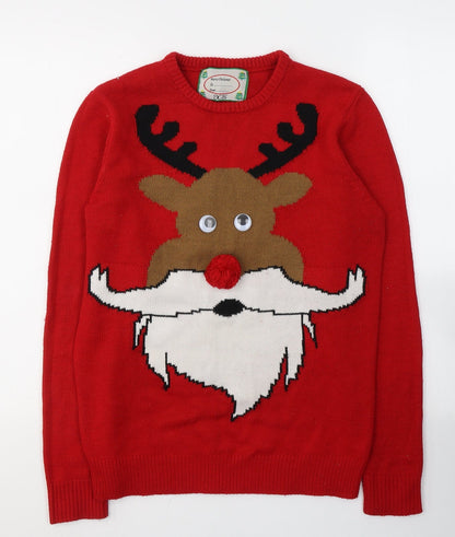 Marks and Spencer Mens Red Round Neck  Acrylic Pullover Jumper Size XS   - Christmas jumper