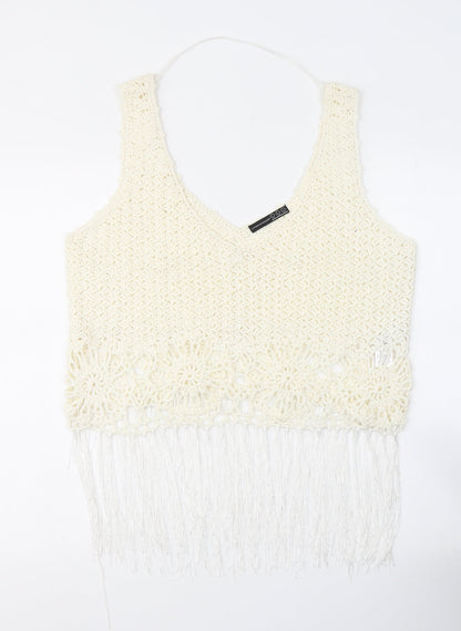 Atmosphere Womens White V-Neck Floral Acrylic Vest Jumper Size L