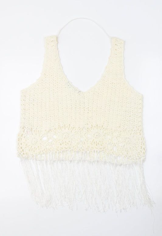 Atmosphere Womens White V-Neck Floral Acrylic Vest Jumper Size L