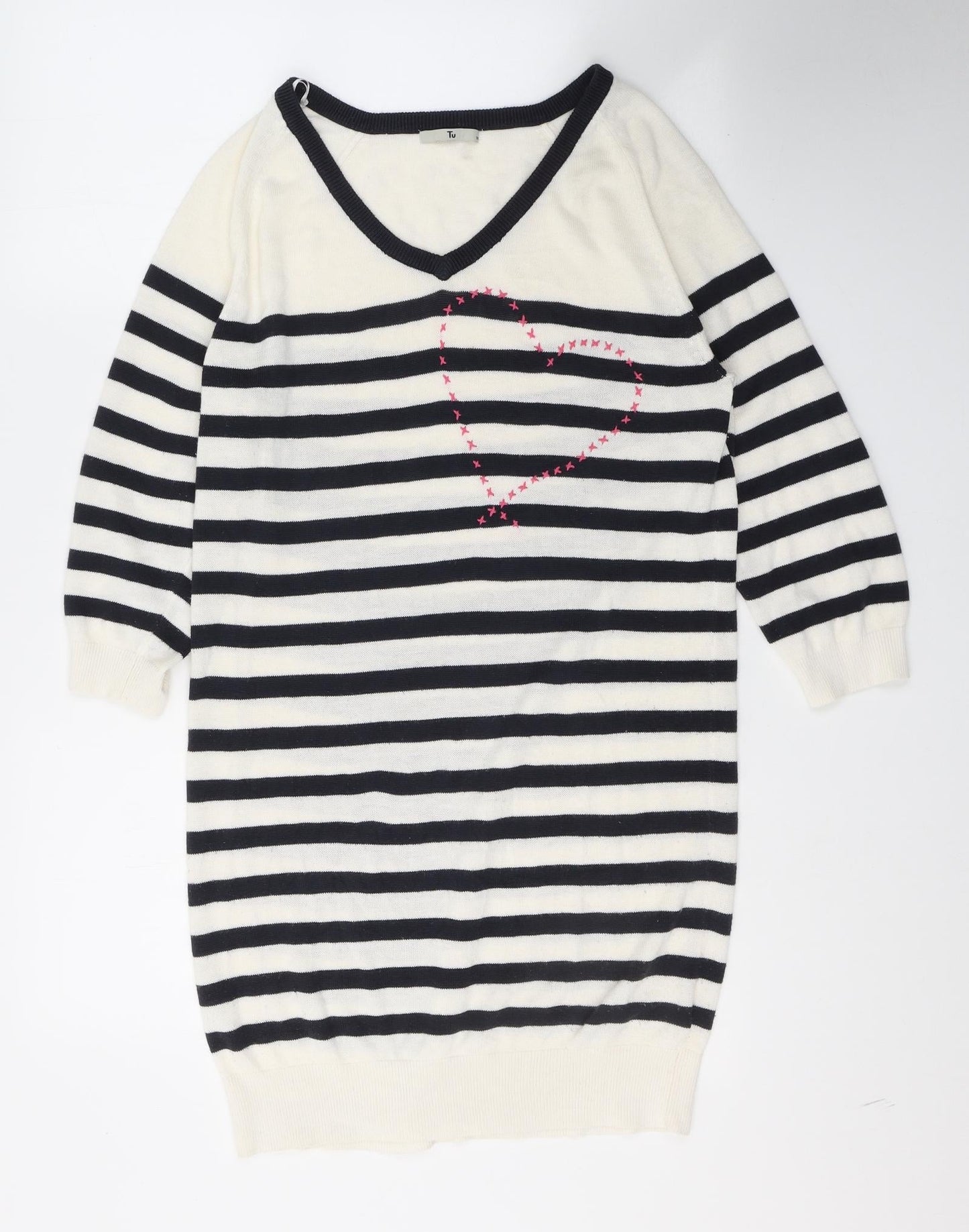 TU Womens White Striped Acrylic Jumper Dress  Size 10  V-Neck Pullover - Heart