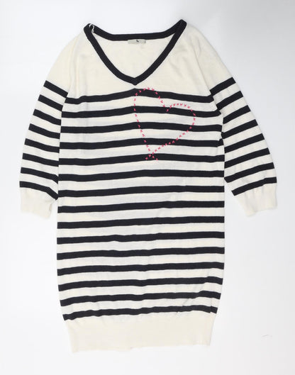 TU Womens White Striped Acrylic Jumper Dress  Size 10  V-Neck Pullover - Heart