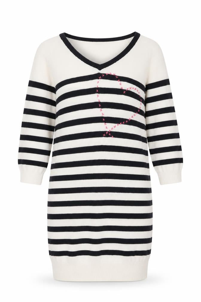 Front view of Tu women’s white striped acrylic jumper dress, size UK 10, v-neck pullover - heart