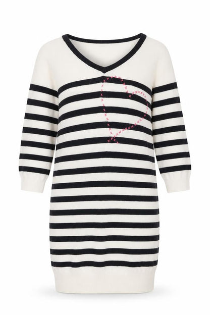 Front view of Tu women’s white striped acrylic jumper dress, size UK 10, v-neck pullover - heart