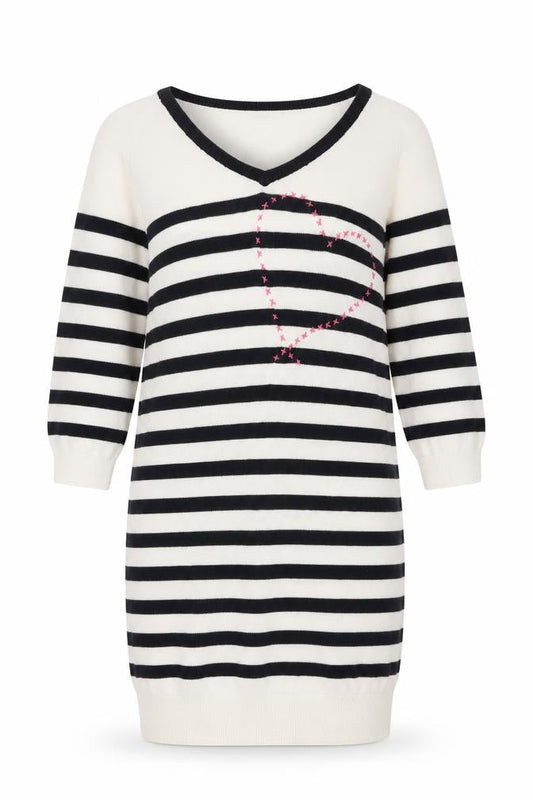 Front view of Tu women’s white striped acrylic jumper dress, size UK 10, v-neck pullover - heart