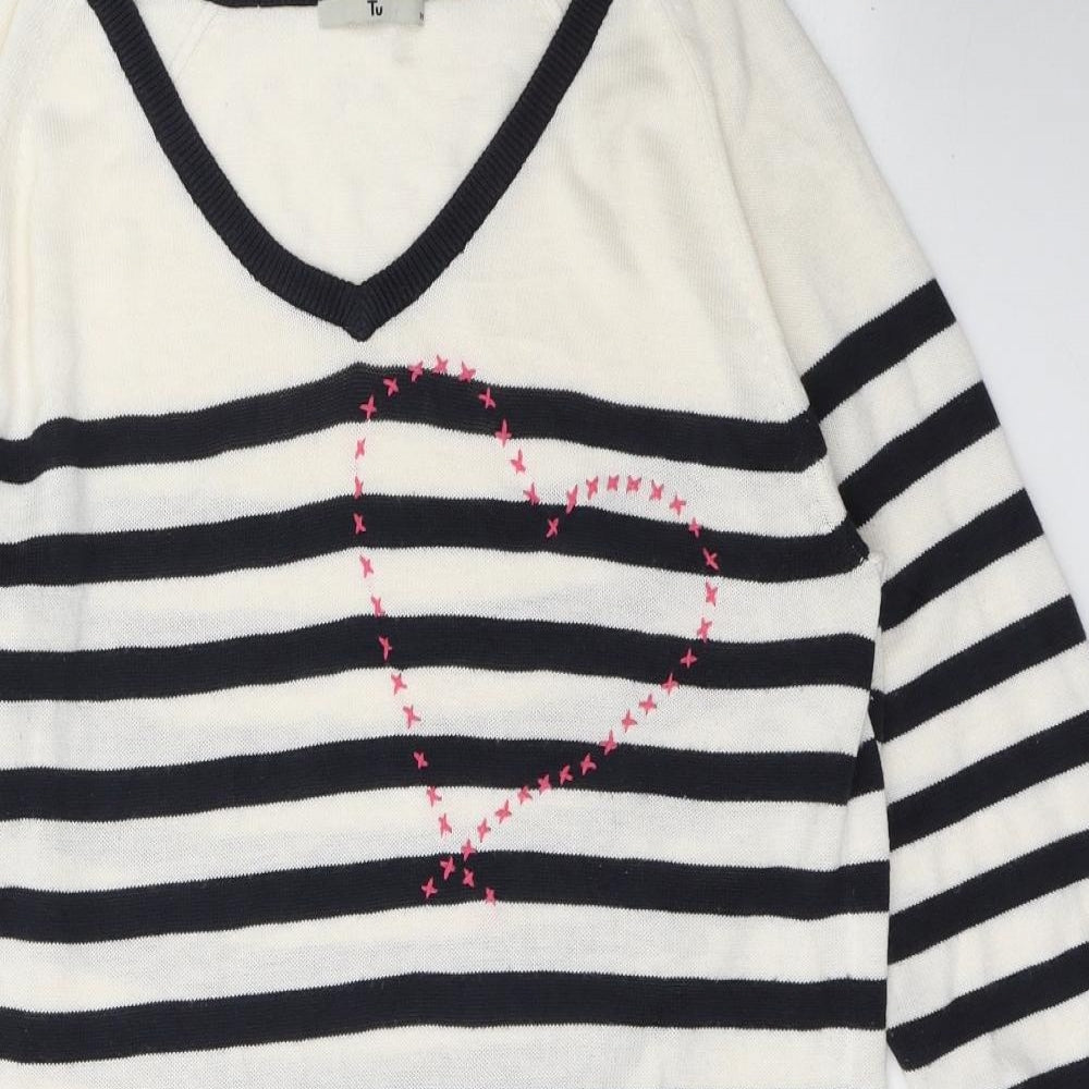 TU Womens White Striped Acrylic Jumper Dress  Size 10  V-Neck Pullover - Heart
