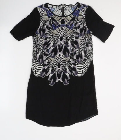 Warehouse Womens Black Geometric Viscose A-Line  Size 10  Round Neck Zip