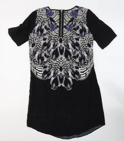 Warehouse Womens Black Geometric Viscose A-Line  Size 10  Round Neck Zip