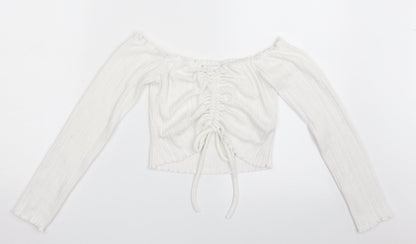 SheIn Womens White  Polyester Cropped T-Shirt Size M Off the Shoulder