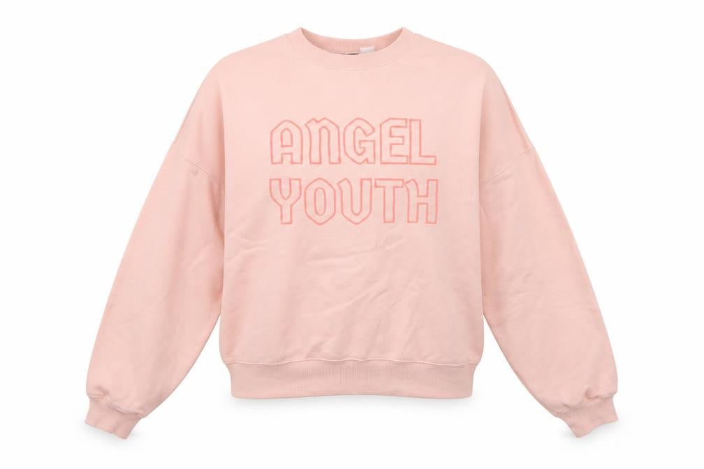 Front view of H&M women’s pink cotton pullover sweatshirt, size XS, - 'angel youth'
