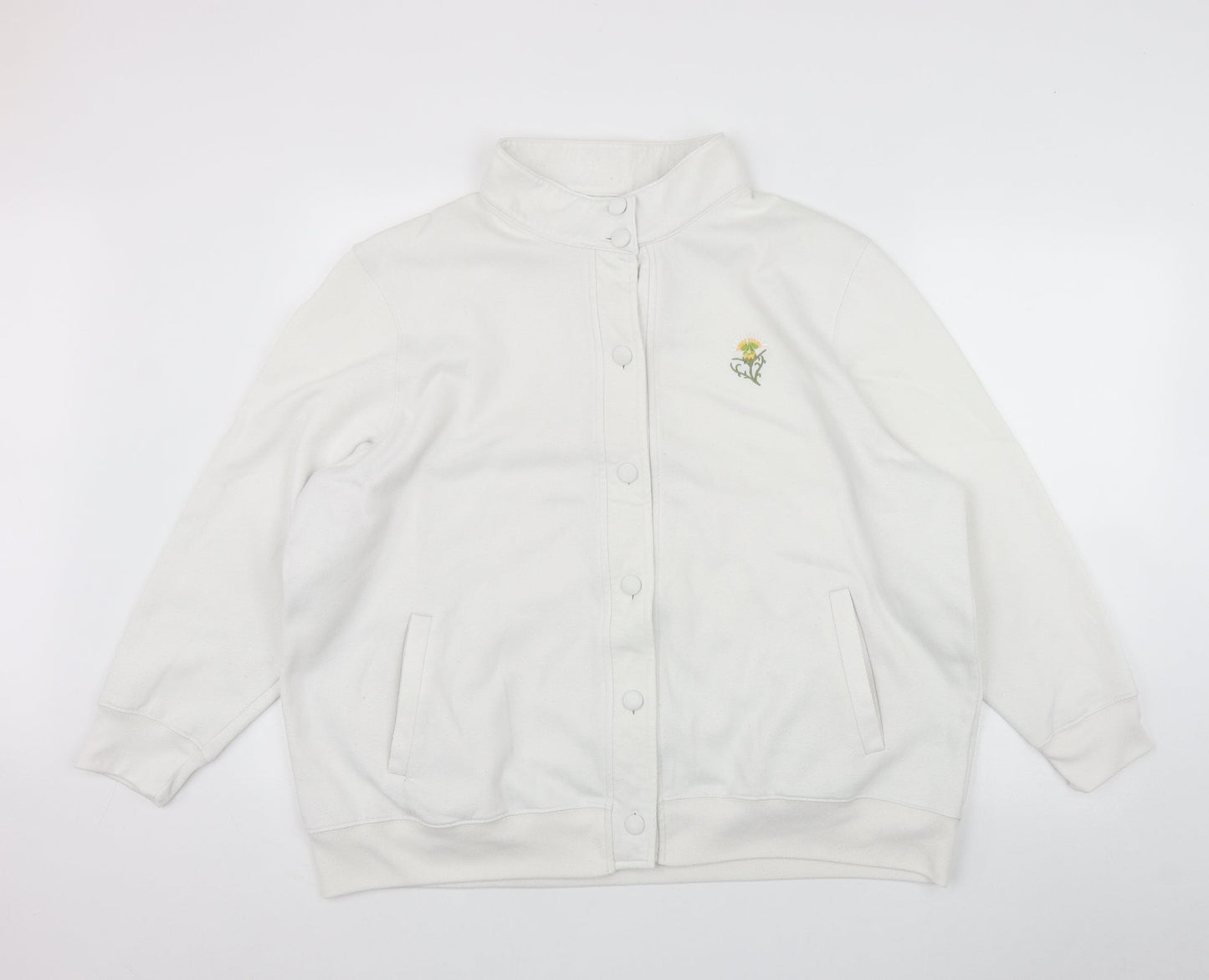 Damart Womens White High Neck  Polyester Cardigan Jumper Size XL   - Embroidered Flower