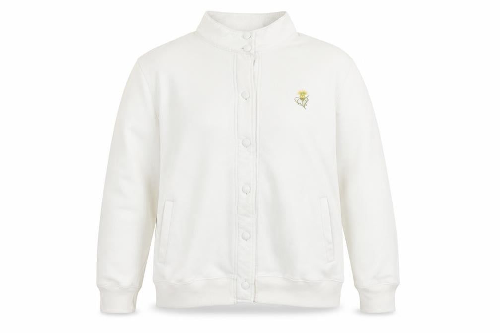 Front view of Damart women’s white high neck polyester cardigan jumper, size XL, - embroidered flower
