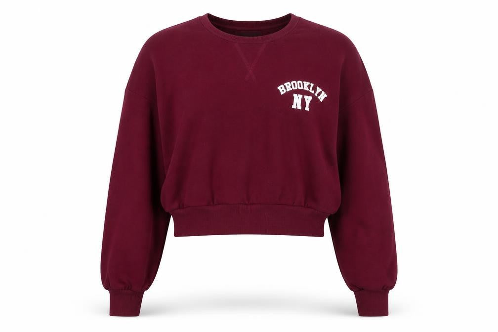 Front view of Bershka women’s red polyester pullover sweatshirt, size S, pullover - brooklyn ny