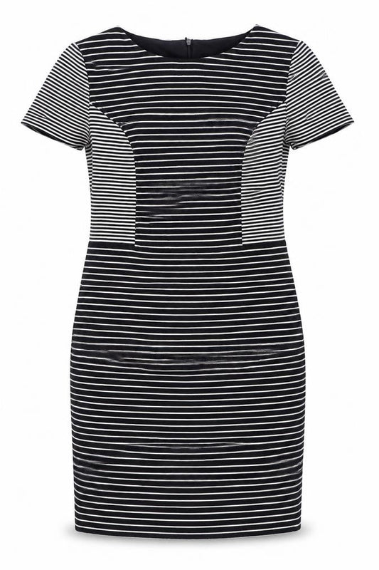 Front view of Country Casuals women’s blue striped acrylic bodycon, size UK 14, round neck zip - back split