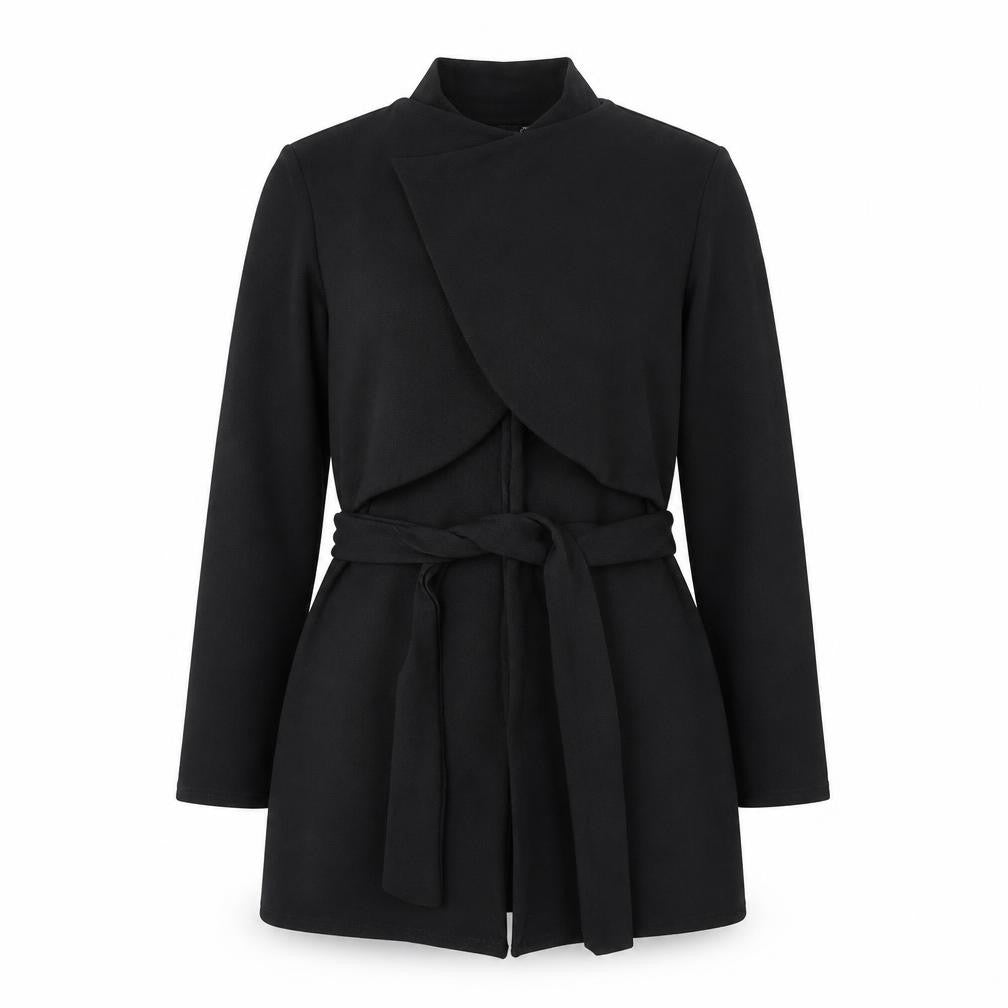 Front view of Boohoo women’s black polyester cardigan sweatshirt, size UK 12, tie