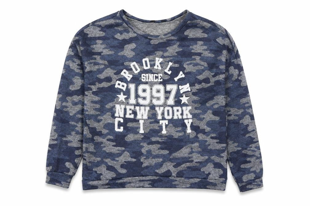 Front view of New Look girls’ blue camouflage polyester basic casual, size 14-15, years round neck pullover - brooklyn 1997