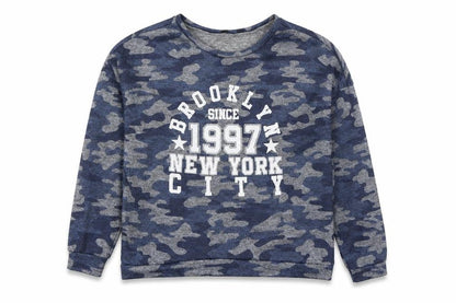 Front view of New Look girls’ blue camouflage polyester basic casual, size 14-15, years round neck pullover - brooklyn 1997