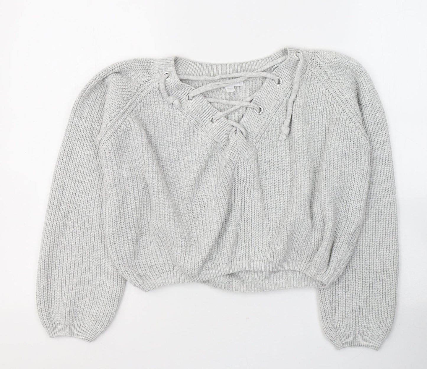 Subdued Womens Grey V-Neck  Cotton Pullover Jumper Size S   - Tie Up Neck