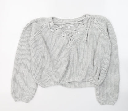 Subdued Womens Grey V-Neck  Cotton Pullover Jumper Size S   - Tie Up Neck