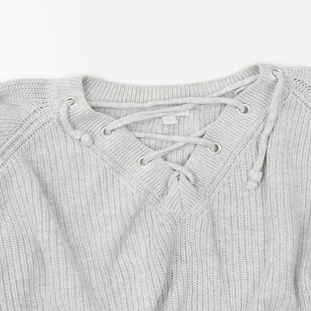 Subdued Womens Grey V-Neck  Cotton Pullover Jumper Size S   - Tie Up Neck