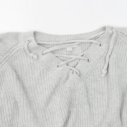 Subdued Womens Grey V-Neck  Cotton Pullover Jumper Size S   - Tie Up Neck