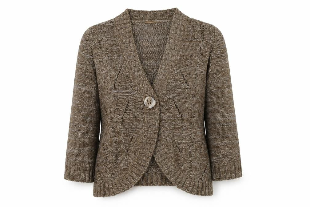 Front view of Evie women’s brown v-neck acrylic cardigan jumper, size UK 14