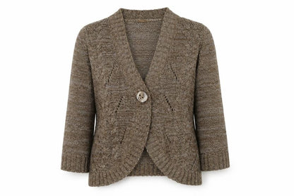 Front view of Evie women’s brown v-neck acrylic cardigan jumper, size UK 14