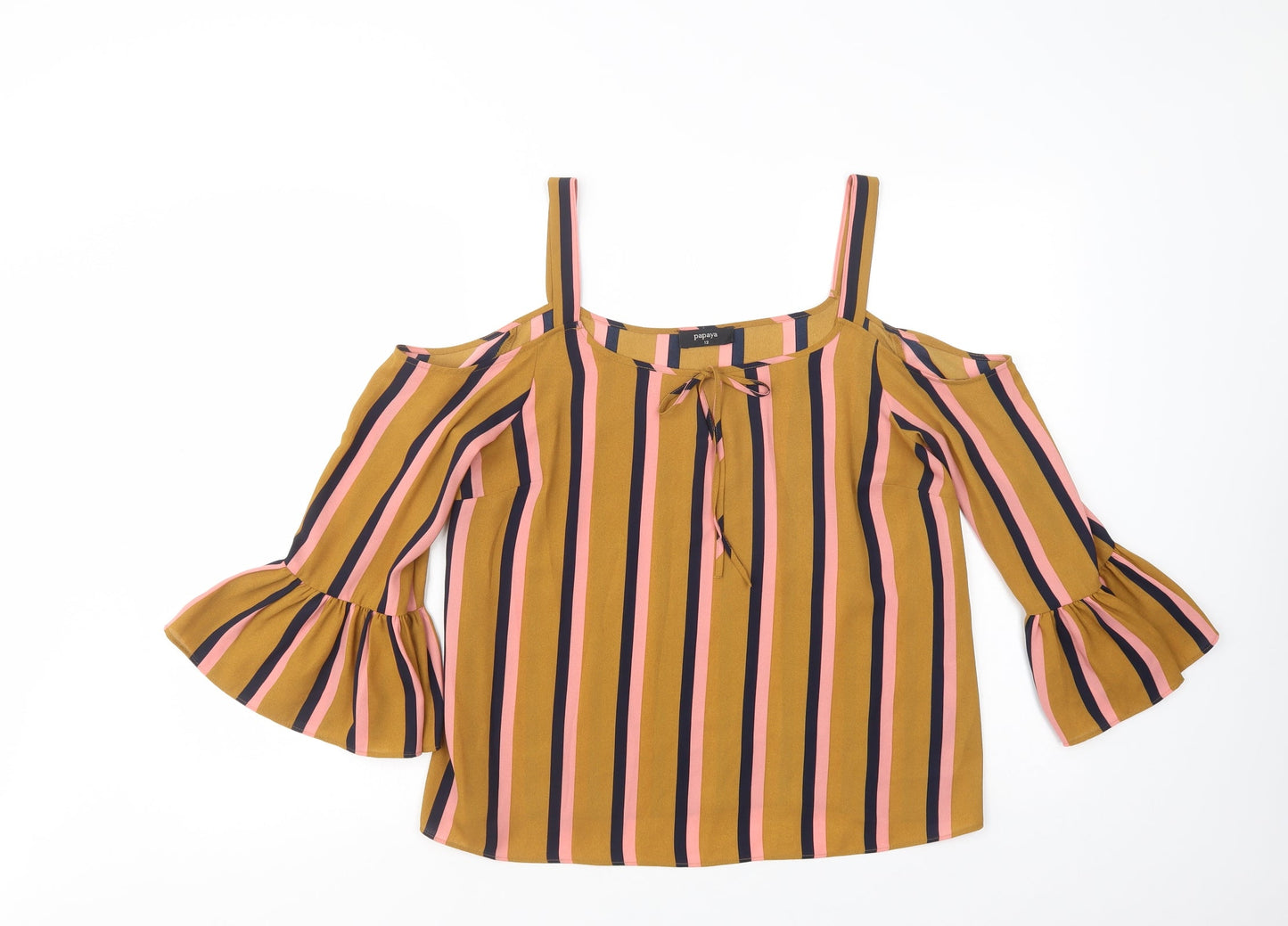Papaya Womens Brown Striped Polyester Basic Blouse Size 12 Round Neck - Cold Shoulder