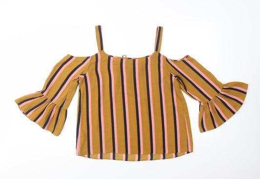 Papaya Womens Brown Striped Polyester Basic Blouse Size 12 Round Neck - Cold Shoulder