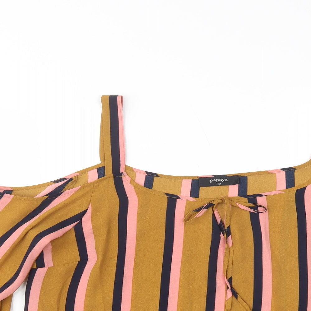 Papaya Womens Brown Striped Polyester Basic Blouse Size 12 Round Neck - Cold Shoulder
