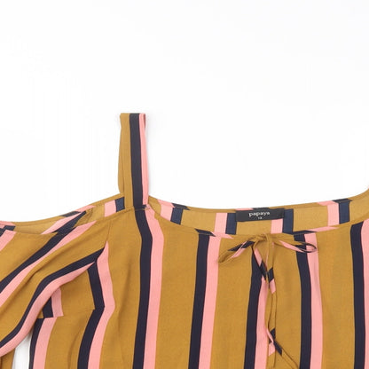 Papaya Womens Brown Striped Polyester Basic Blouse Size 12 Round Neck - Cold Shoulder