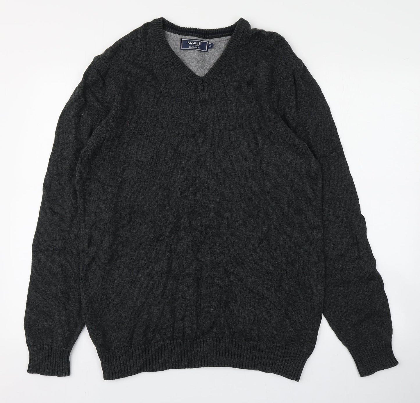 Maine Mens Grey Round Neck  Cotton Pullover Jumper Size M