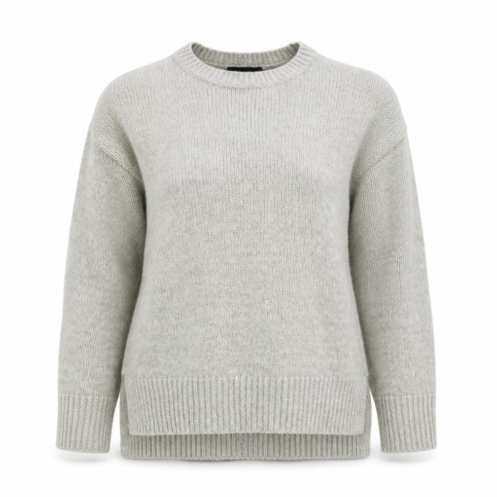 Front view of New Look women’s grey crew neck acrylic jumper, size S