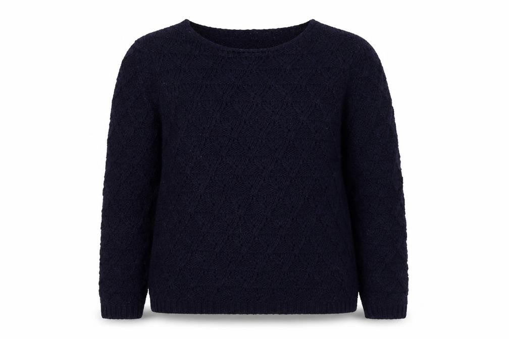 Front view of Debenhams women’s blue scoop neck acrylic jumper, size UK 12