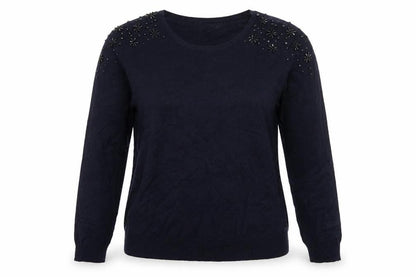 Front view of Debenhams women’s blue crew neck viscose jumper, size UK 12