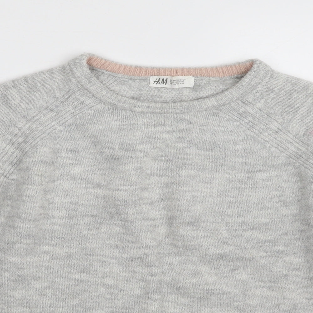 H&M Girls Grey Crew Neck  Acrylic Pullover Jumper Size 10-11 Years