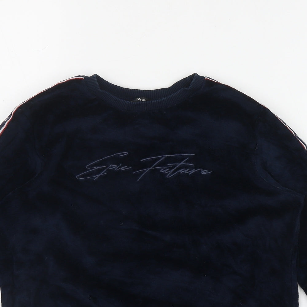 Close-up detail of George boys’ blue polyester pullover sweatshirt, size 8-9, years - 'epic future'