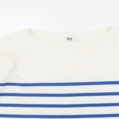 John Lewis Womens White Round Neck Striped Cotton Pullover Jumper Size L