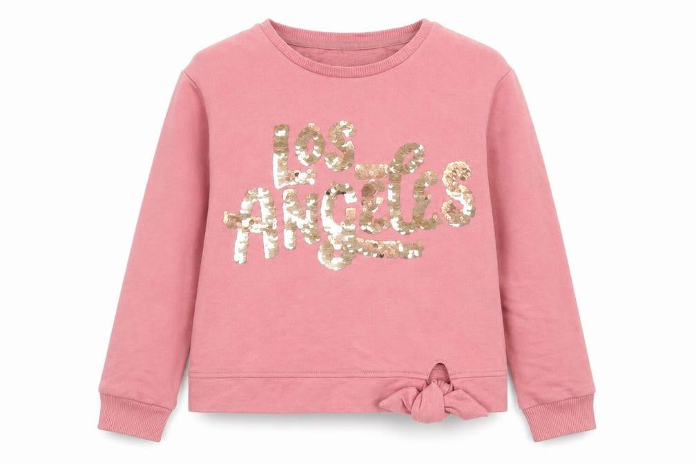 Front view of George girls’ pink cotton pullover sweatshirt, size 10-11, years pullover - tie at bottom