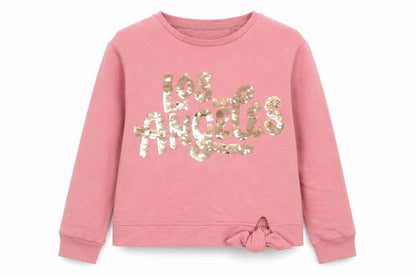 Front view of George girls’ pink cotton pullover sweatshirt, size 10-11, years pullover - tie at bottom