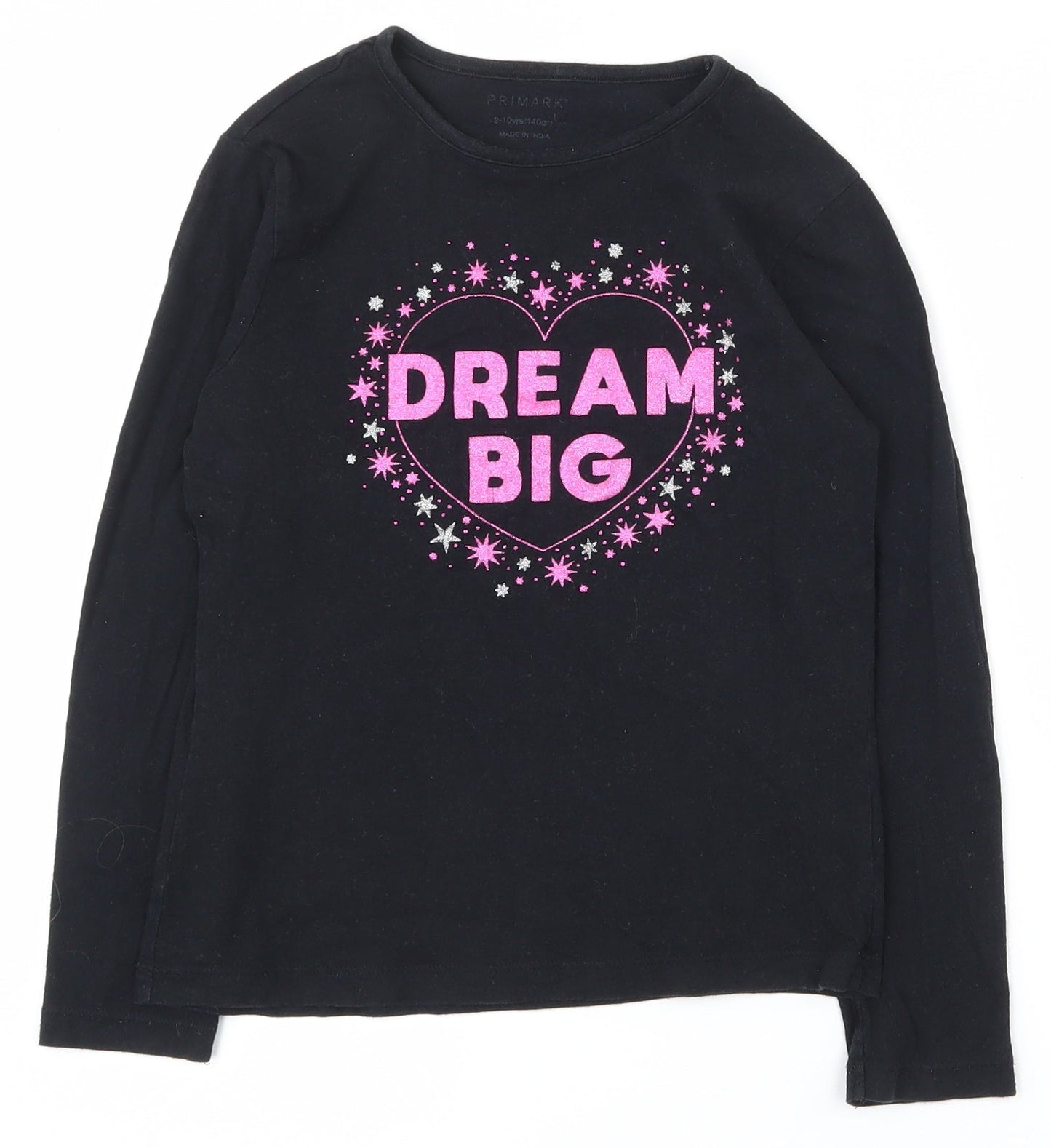 Primark Girls Black  Cotton Basic T-Shirt Size 9-10 Years Round Neck Magnetic