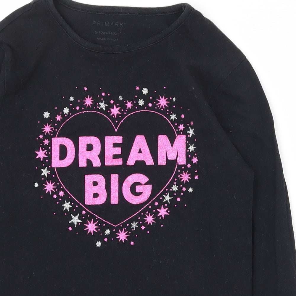 Primark Girls Black  Cotton Basic T-Shirt Size 9-10 Years Round Neck Magnetic